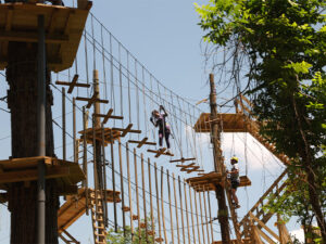 A woman tackling a treetop bridge obstacle in Houston, Texas